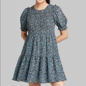 Wild Fable Navy Smocked Dress Blue Floral Tiered Short Sleeve bohemian XL